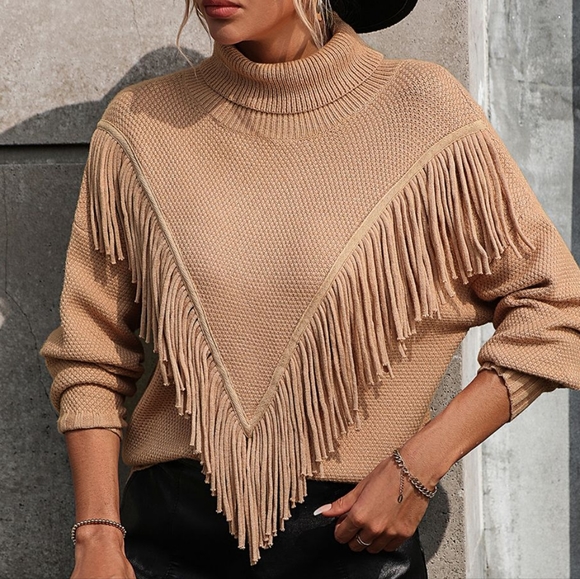 Esme Fringe Turtleneck Sweater - Tan - Picture 3 of 7